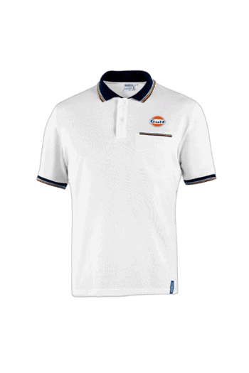 Grand Prix Racewear white polo shirt with Gulf logo, navy collar, and striped sleeve cuffs, ideal for motorsport enthusiasts and race events.