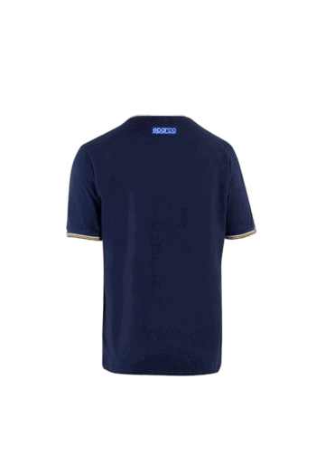 Back view of a navy blue Sparco racing T-shirt with logo on the upper back, designed for motorsport enthusiasts.