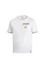 White Grand Prix Racewear T-shirt with Gulf logo and chest pocket, designed for motorsport enthusiasts.