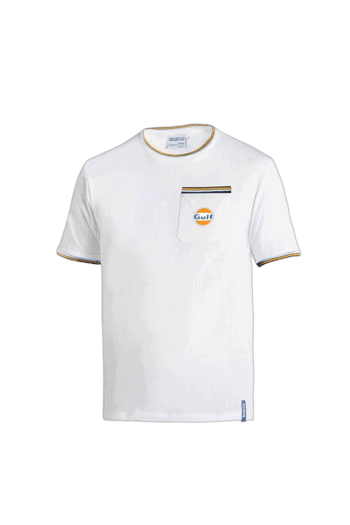 White Grand Prix Racewear T-shirt with Gulf logo and chest pocket, designed for motorsport enthusiasts.