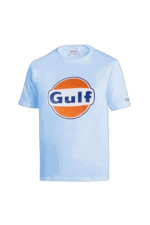 Light blue T-shirt featuring the Gulf logo, ideal for motorsport enthusiasts and racewear fans.