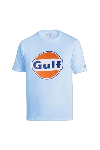 Light blue T-shirt featuring the Gulf logo, ideal for motorsport enthusiasts and racewear fans.