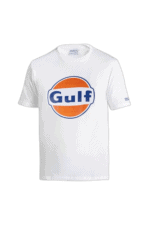 White T-shirt featuring Gulf logo, ideal for motorsport fans and racewear enthusiasts.