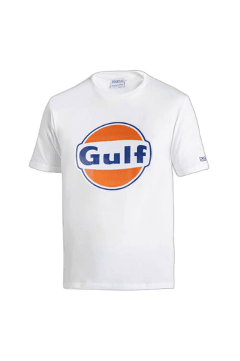 White T-shirt featuring Gulf logo, ideal for motorsport fans and racewear enthusiasts.