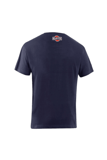Navy blue Grand Prix Racewear T-shirt with Martini Racing logo on the back, designed for motorsport enthusiasts.