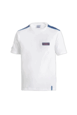 White Grand Prix Racewear T-shirt with logo and blue accents, ideal for motorsport enthusiasts and racewear fans.