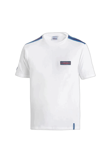 White Grand Prix Racewear T-shirt with logo and blue accents, ideal for motorsport enthusiasts and racewear fans.