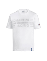 White Martini Racing T-shirt with grey logo and French flag detail on sleeve, ideal for motorsport fans and racing enthusiasts.