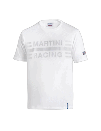 White Martini Racing T-shirt with grey logo and French flag detail on sleeve, ideal for motorsport fans and racing enthusiasts.