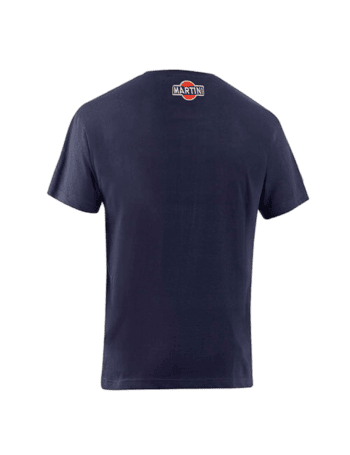 Navy blue Grand Prix Racewear T-shirt with Martini logo on the back, designed for motorsport enthusiasts.