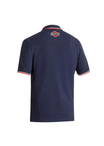 Grand Prix Racewear navy blue racing polo shirt with Martini logo on the back, designed for motorsport enthusiasts and professionals.