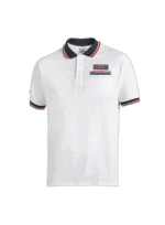 White Grand Prix Racewear polo shirt with navy, red, and white striped accents, featuring a logo patch on the chest for motorsport enthusiasts.