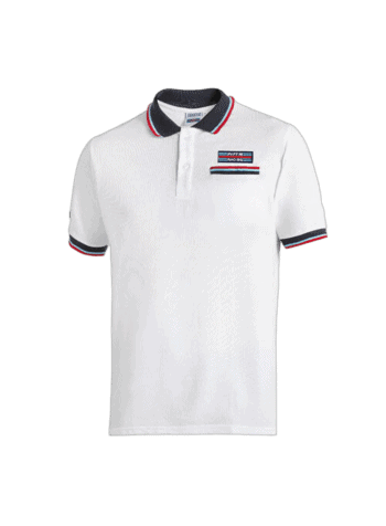 White Grand Prix Racewear polo shirt with navy, red, and white striped accents, featuring a logo patch on the chest for motorsport enthusiasts.