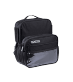 Black Sparco racing gear bag with multiple compartments, ideal for motorsport equipment storage.