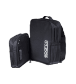 Black Sparco racing gear bags for motorsport, including a large backpack and a smaller bag, designed for racewear storage and transport.