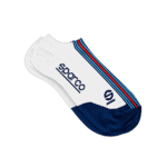 Close-up of white and blue racing sock with Sparco logo and red, blue, and black stripes, designed for motorsport enthusiasts.