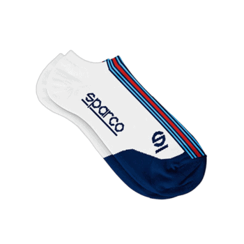 Close-up of white and blue racing sock with Sparco logo and red, blue, and black stripes, designed for motorsport enthusiasts.