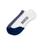 Close-up of a white and blue Grand Prix Racewear sock with 'sparo' branding, designed for motorsport enthusiasts.