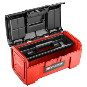 Facom 19-inch tool box with one-touch latch, red and black, for professional tool storage and organisation.