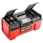 Red and black toolbox with compartments containing screws, nails, and tools, ideal for racewear and racing equipment storage.