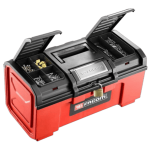 Red and black toolbox with compartments containing screws, nails, and tools, ideal for racewear and racing equipment storage.