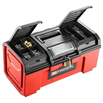 Red and black toolbox with compartments containing screws, nails, and tools, ideal for racewear and racing equipment storage.
