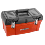 Facom 19-inch tool box with black lid and red body, featuring metal latches and a sturdy handle for secure storage.