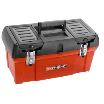 Facom 19-inch tool box with black lid and red body, featuring metal latches and a sturdy handle for secure storage.