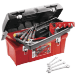 Red toolbox with various hand tools including screwdrivers, wrenches, and a set of spanners, ideal for racewear maintenance and repairs.