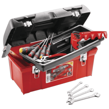Red toolbox with various hand tools including screwdrivers, wrenches, and a set of spanners, ideal for racewear maintenance and repairs.
