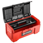 Red Facom toolbox with black interior and handle, ideal for professional tool storage and organisation.