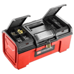 Red and black toolbox with compartments containing screws, nails, and tools, ideal for racewear and racing equipment storage.