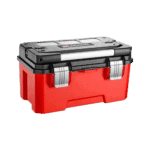 Red and black toolbox with metal latches, ideal for storing racing gear and accessories at Grand Prix events.