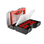 Plastic organiser box with multiple compartments for tools or small parts, featuring a transparent lid and red interior sections.