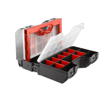 Plastic organiser box with multiple compartments for tools or small parts, featuring a transparent lid and red interior sections.