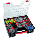 Grand Prix Racewear tool storage box with assorted screws, nuts, and fasteners in organised compartments.