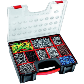 Grand Prix Racewear tool storage box with assorted screws, nuts, and fasteners in organised compartments.