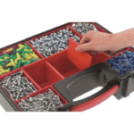 Organised collection of racing screws and fasteners in a red and black toolbox for Grand Prix Racewear.