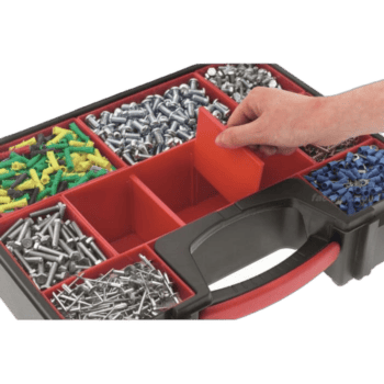 Organised collection of racing screws and fasteners in a red and black toolbox for Grand Prix Racewear.