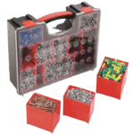 Plastic toolbox with multiple compartments filled with assorted screws, nuts, and bolts for racewear assembly and maintenance.