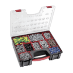 Plastic toolbox with 8 compartments filled with various screws, nuts, and bolts for automotive or mechanical work.