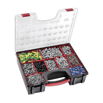 Plastic toolbox with 8 compartments filled with various screws, nuts, and bolts for automotive or mechanical work.