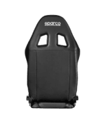 Sparco racing seat with black upholstery and cutouts for harnesses, designed for motorsport safety and comfort.