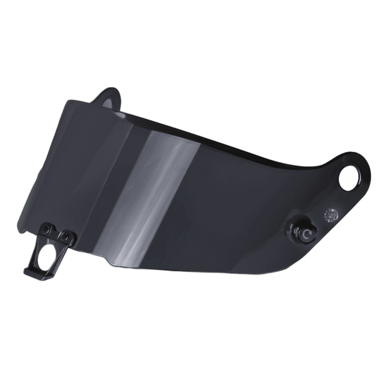 Black motorcycle helmet visor with tinted and clear sections, designed for racing helmets for optimal visibility and protection.
