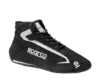 Sparco racing shoe designed for motorsport, featuring black synthetic material with white branding and a high-top design for safety and performance.