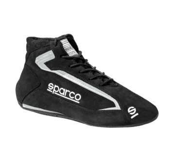 Sparco racing shoe designed for motorsport, featuring black synthetic material with white branding and a high-top design for safety and performance.