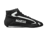 Black Sparco racing shoe with white logo and sleek design, ideal for motorsport enthusiasts and professional drivers.