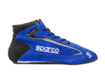 Blue Sparco racing shoe with black ankle support and silver detailing, designed for motorsport drivers.