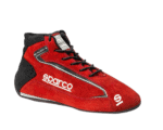 Red Sparco racing shoe with black accents, designed for motorsport safety and performance, featuring a high-top style and durable construction.