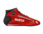 Red and black Sparco racing shoe with laces, designed for motorsport safety and performance.